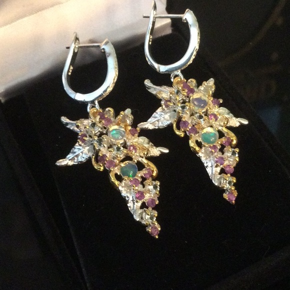 Breathtaking Genuine Opals, Rhodolite Garnets & Aquamarines Earrings - Picture 4 of 7
